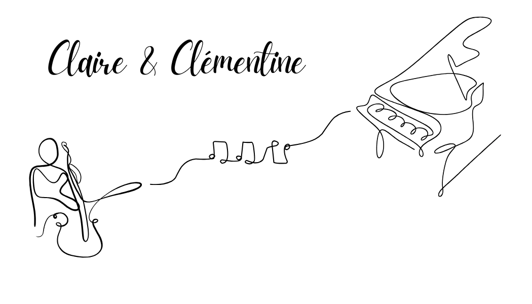 Claire & Clémentine — illustration au trait : violoncelle et piano reliés d'une seule ligne